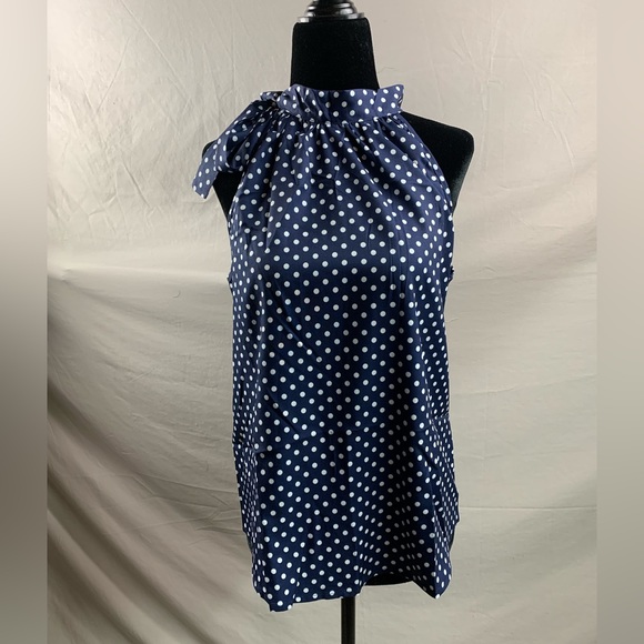 Polka Dot Print Mock Neck Tie Blouse Blue - Picture 5 of 5